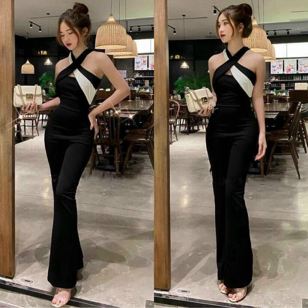 Jum cổ chéo ống rộng tôn dáng có mút ngực