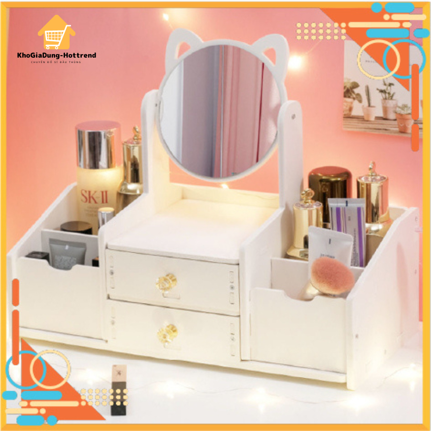 Kệ đựng mỹ phẩm đa năng có gương tai mèo dễ thương đựng đồ trang điểm tiện lợi
