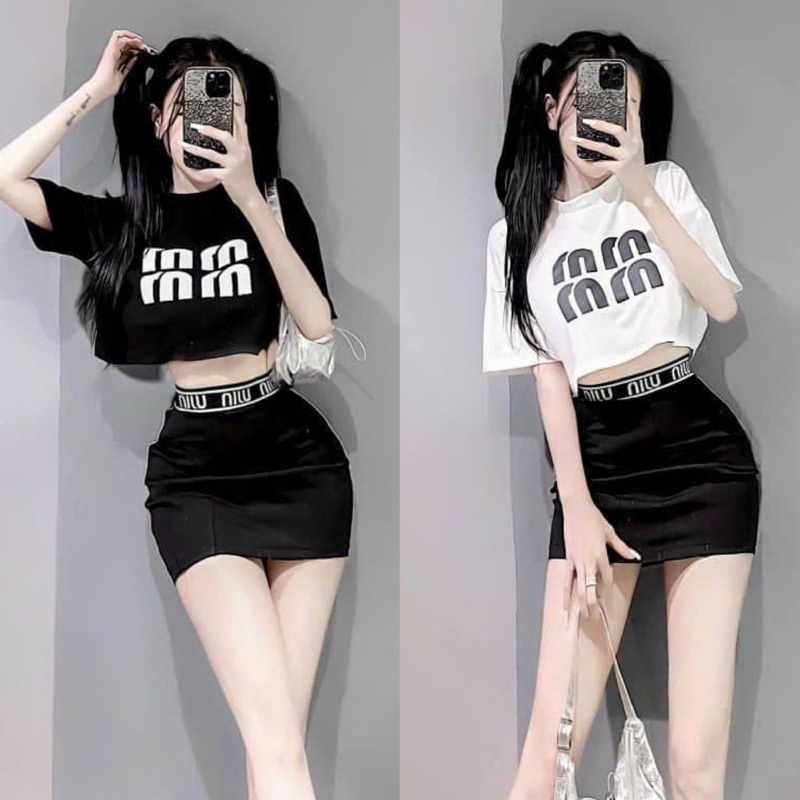 Set Áo Tăm Croptop Tay Lỡ mm + Váy Chữ A Viền Hiệu Có Lót Quần