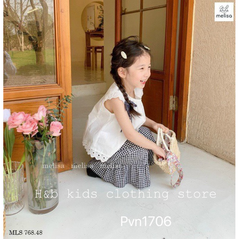 BG363- BỘ ÁO TRẮNG BABYDOLL QUẦN XUÔNG CARO NHỎ HB CHO BÉ