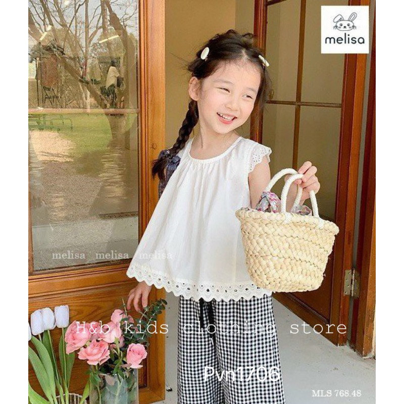 BG363- BỘ ÁO TRẮNG BABYDOLL QUẦN XUÔNG CARO NHỎ HB CHO BÉ