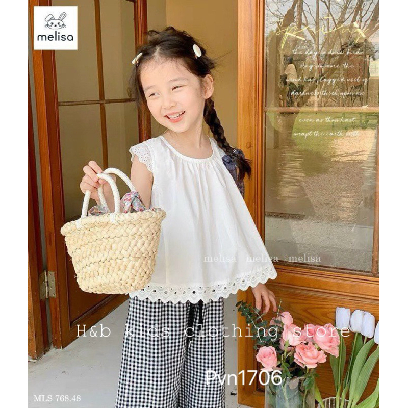 BG363- BỘ ÁO TRẮNG BABYDOLL QUẦN XUÔNG CARO NHỎ HB CHO BÉ