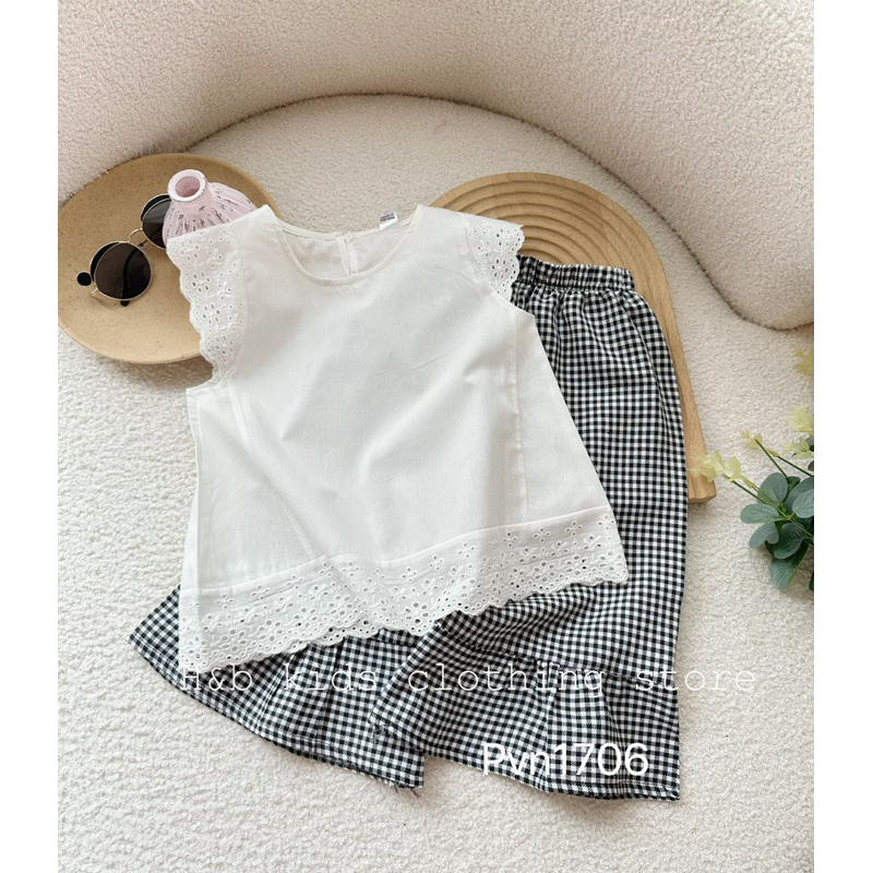 BG363- BỘ ÁO TRẮNG BABYDOLL QUẦN XUÔNG CARO NHỎ HB CHO BÉ