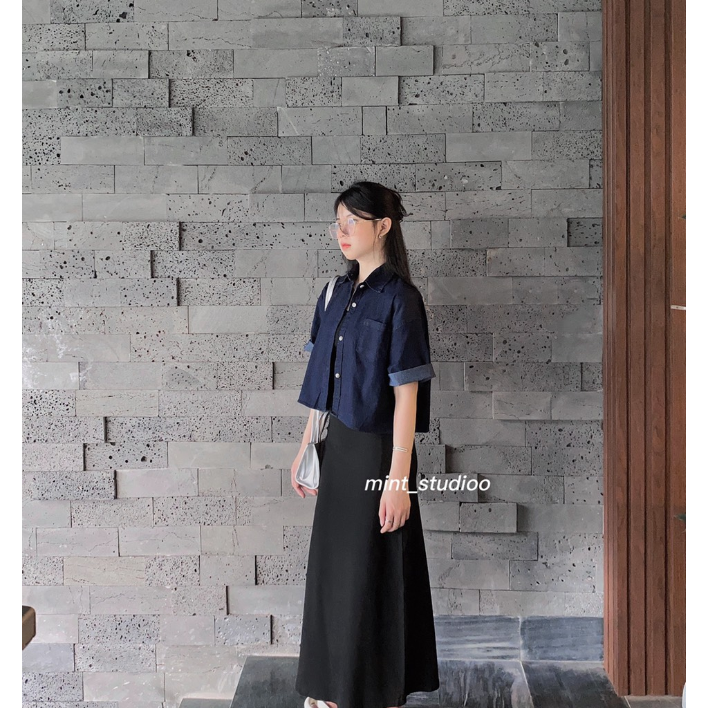 SƠ MI CREA DENIM áo jeans denim dáng lửng hàn quốc