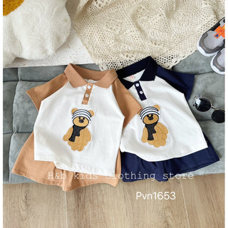 Bt79- bộ gấu thêu đắp cổ bẻ cho bé