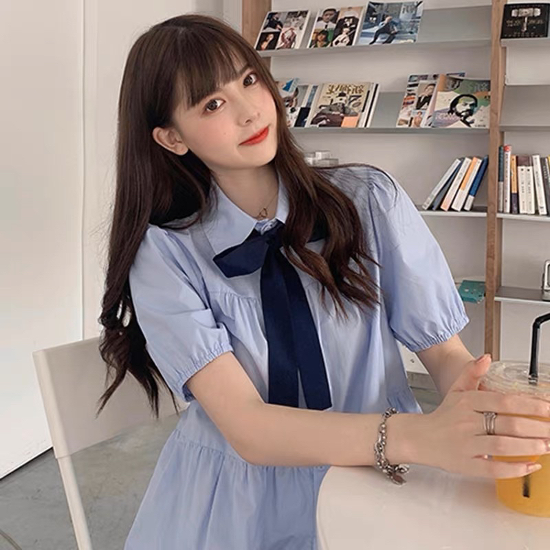 Đầm babydoll xanh biển kèm nơ cổ cute
