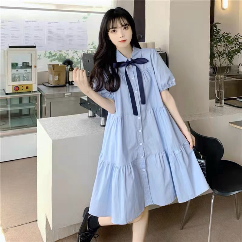 Đầm babydoll xanh biển kèm nơ cổ cute
