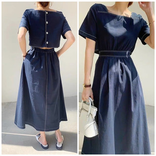 Đầm viền chỉ dáng dài hở eo nút sau công sở xanh đen trắng