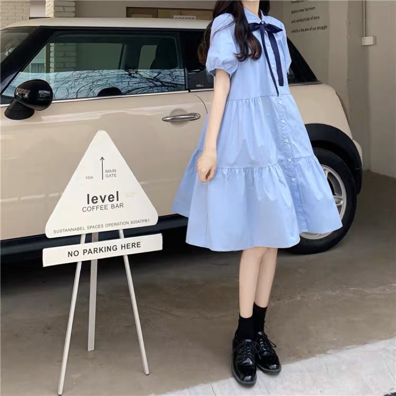 Đầm babydoll xanh biển kèm nơ cổ cute