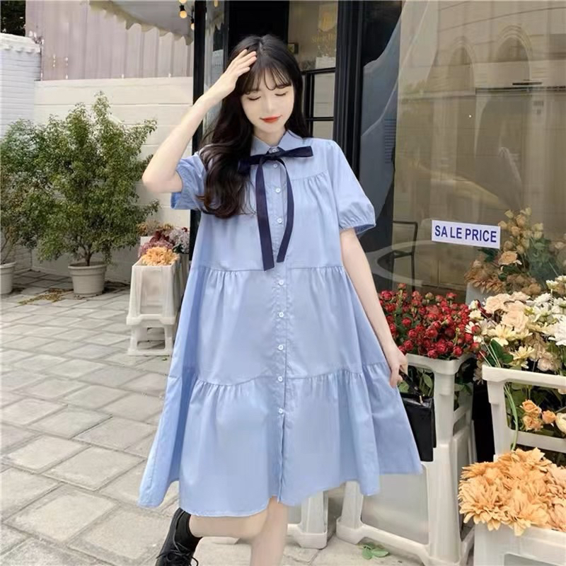 Đầm babydoll xanh biển kèm nơ cổ cute