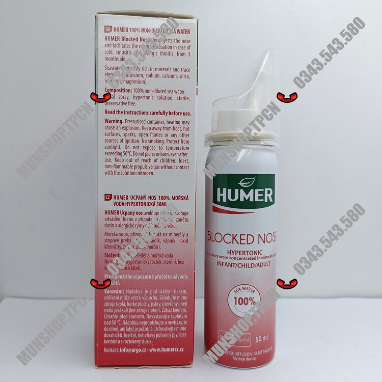 Xịt mũi Humer Blocked Nose 100% Sea Water Nasal Spray chai 50ml giảm nghẹt mũi cho bé từ 3 tháng tuổi
