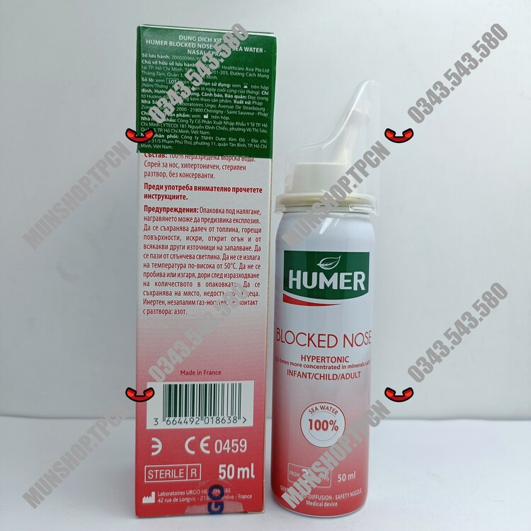 Xịt mũi Humer Blocked Nose 100% Sea Water Nasal Spray chai 50ml giảm nghẹt mũi cho bé từ 3 tháng tuổi