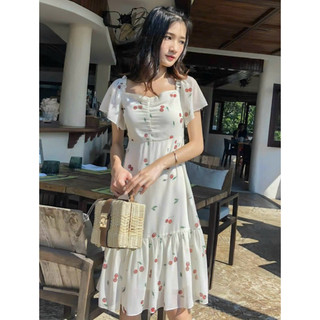 Đầm tiểu thư hoạ tiết cherry tay cánh tiên dáng dài
