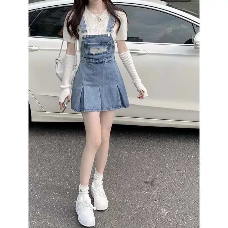 Váy Yếm Jean Khóa Cạnh, Xếp Li Xòe nhẹ siêu cưng, yếm váy jean xếp li