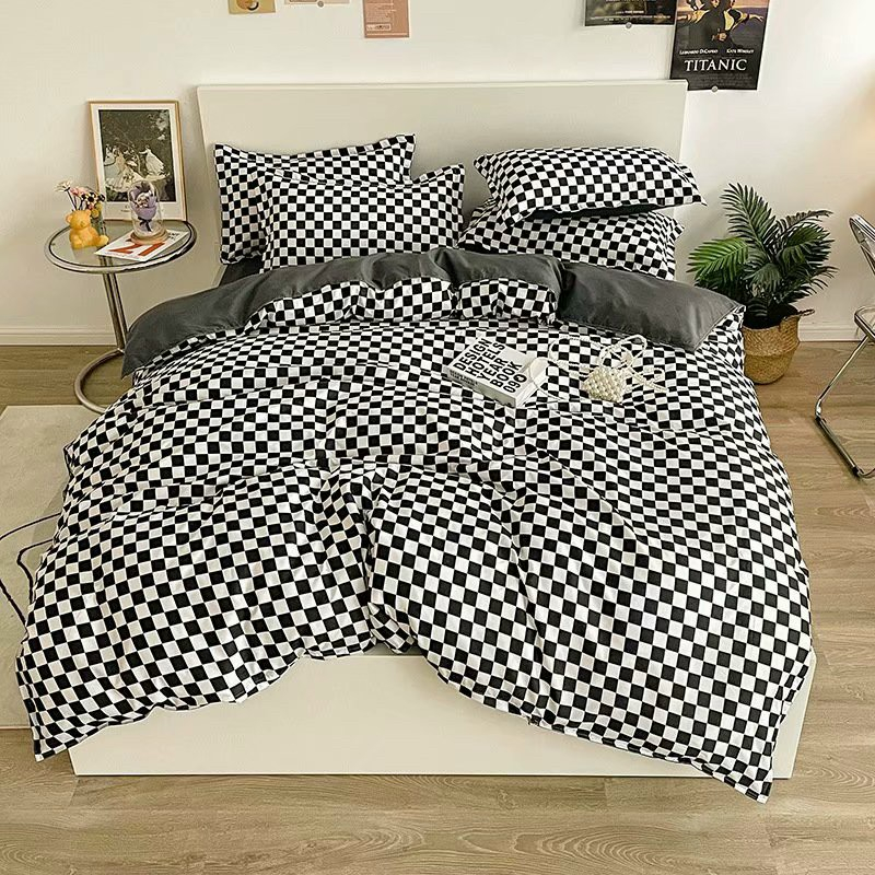 Bộ chăn ga gối poly họa tiết kẻ caro đen trắng gồm vỏ chăn mền, drap giường và 2 vỏ gối nằm