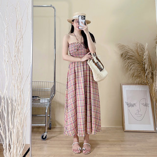 5057 Váy đũi quây kẻ nơ ngực kèm dây cổ