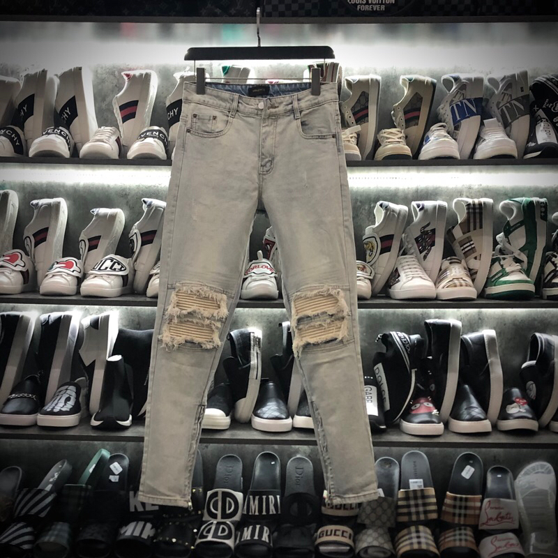 Quần jean mikenco Distressed xanh bạc rách gối nót da nhăn tua xù cao cấp