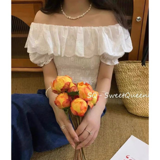 Áo ciacia trắng trễ vai bèo ngang tay cộc thân bo chun