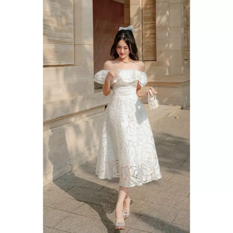 💋Váy xòe trễ vai hoa hồng dáng dài🌸🌸