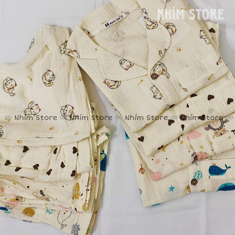 Bộ đồ mặc nhà pijama cộc tay cho bé trai bé gái xô Muslin mềm, mịn, thoáng