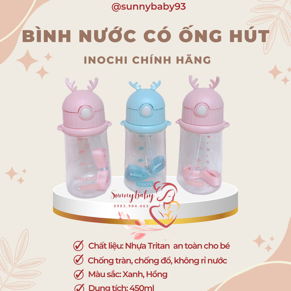 Bình Nước Inochi Cho Bé Đi Học Có Ống Hút - Bình Uống Nước Học Sinh Trẻ Em 450ml - Không Mùi An Toàn Cho Bé