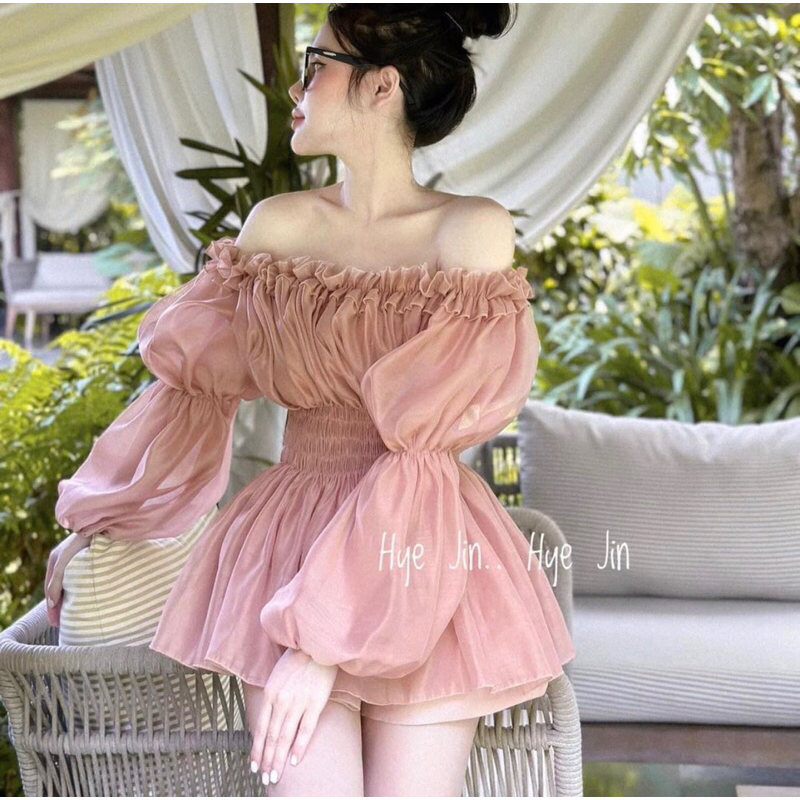Đầm trễ vai tay bồng chun bụng from chuẩn, áo trễ vai dáng dấu quần