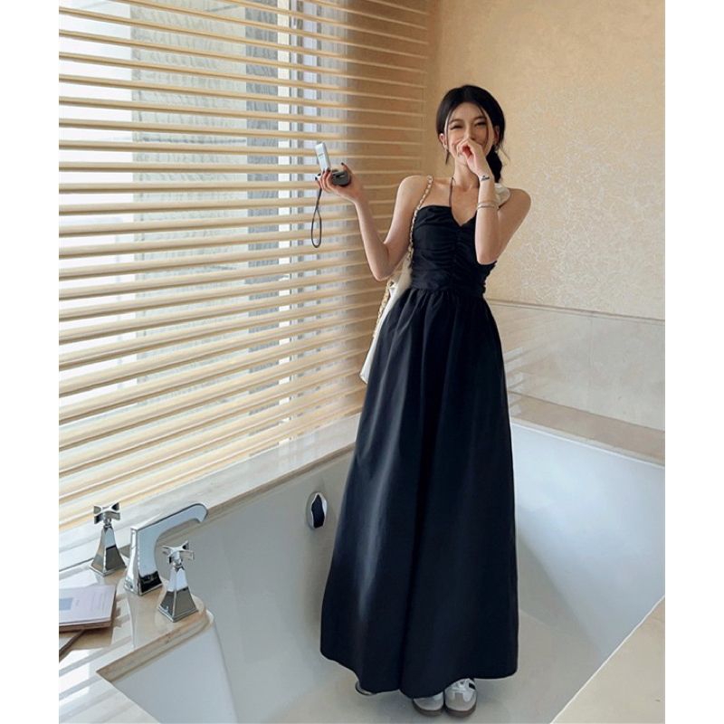 💋Váy xòe thô kaki hở lưng dáng dài ❤️❤️