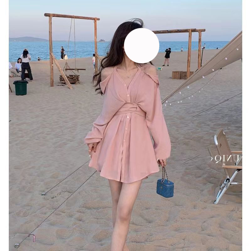 Đàm Nữ Màu Hồng Đi Biển Trễ Vai Hai Dây Cổ Chữ V Nhắn Eo + Tặng Kèm Quần Hàng Có Sẵn Hỏa Tốc Panda7