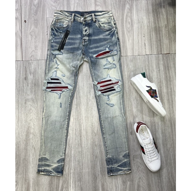 22. Hot 2023 Quần JEAN Skinny AMIRI Nam Wash Xanh Khói Rách Xù Viền Vá Vải Nhăn Đỏ Quần Bò Nam Xanh Khói Gối Vá Đỏ