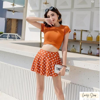 Đồ bơi nữ kín đáo, bikini 2 mảnh áo ngắn tay croptop, chân váy chấm bi, bộ đồ tắm biển nữ thời trang