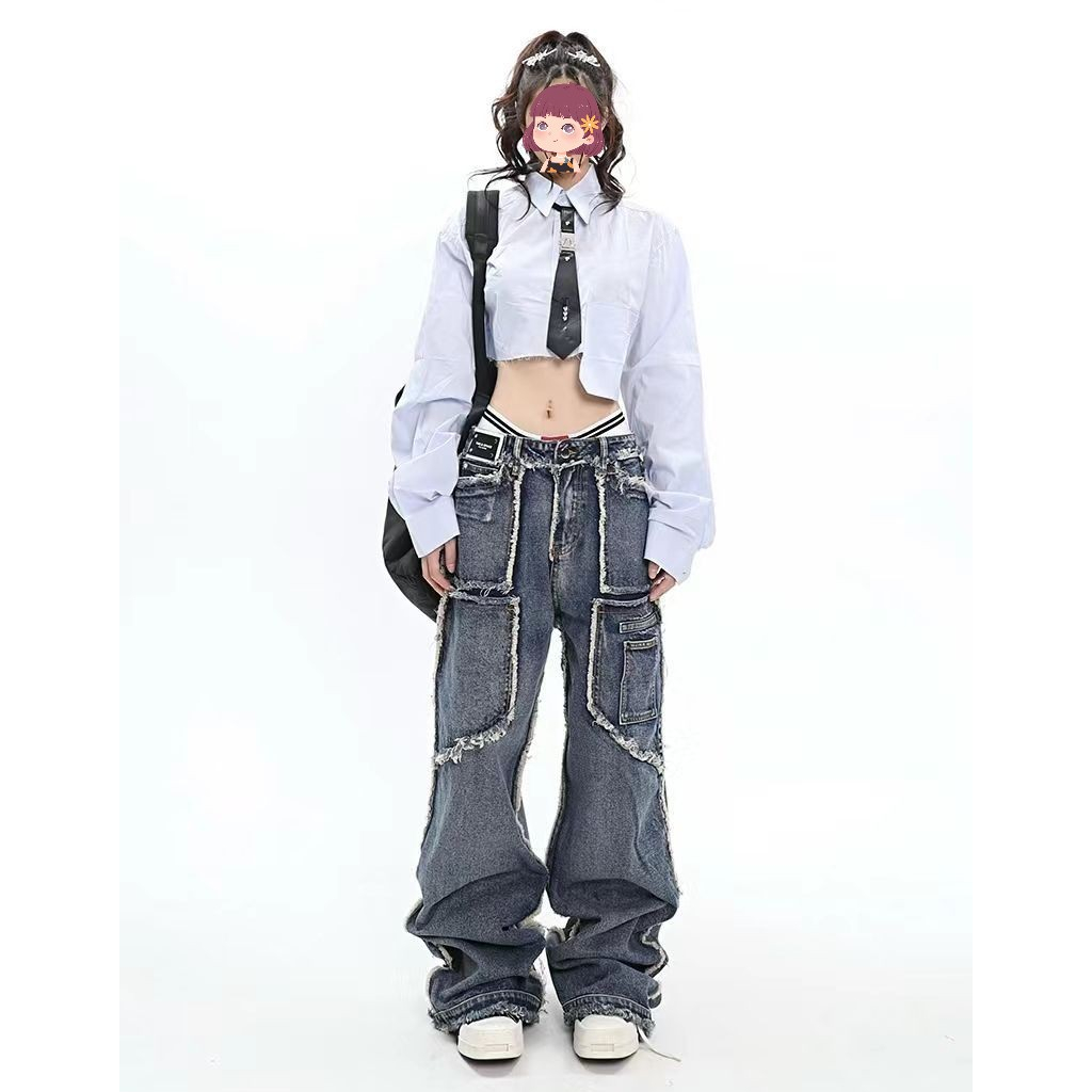 Áo Sơ Mi Nữ Croptop Màu Xanh Trắng Phong Cách Hot Girl Panda9
