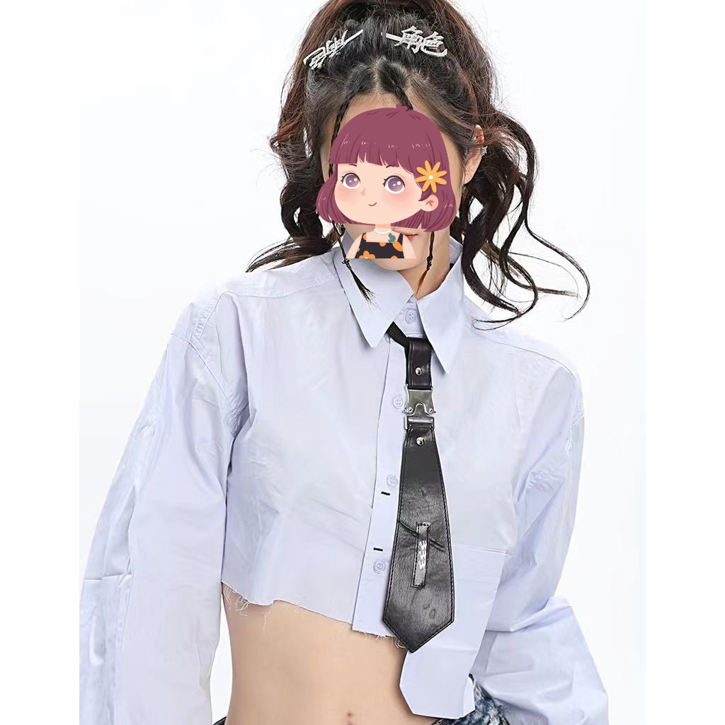 Áo Sơ Mi Nữ Croptop Màu Xanh Trắng Phong Cách Hot Girl Panda9