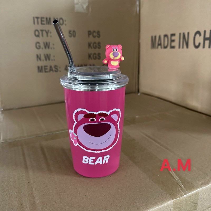 Ly giữ nhiệt gấu dâu dung tích 450ml -ly gấu mới