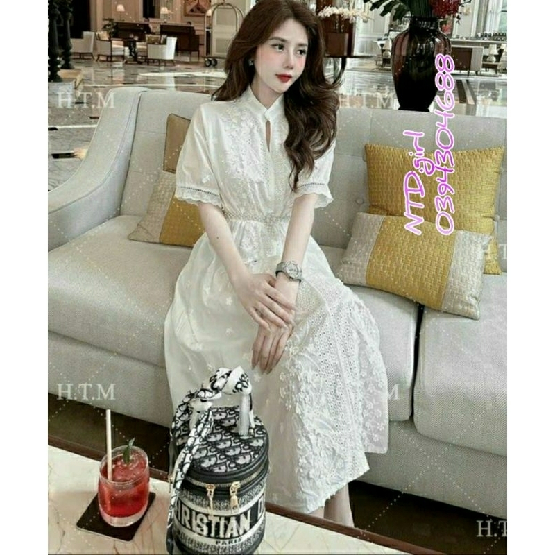 Hàng nhập - Đầm dáng xòe xô lụa trắng phối ren, váy tiểu thư cổ nẹp tròn tay ngắn