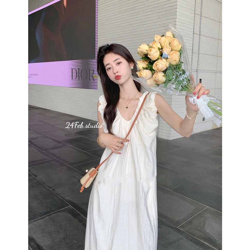 Váy sát nách nhún vai dáng suông dài phong cách vintage Hàn Quốc