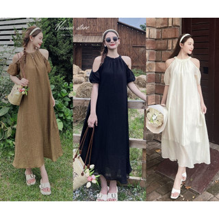 Đầm suông thiết kế cổ yếm, khoét vai, váy maxi đi biển, bầu bí mặc xinh