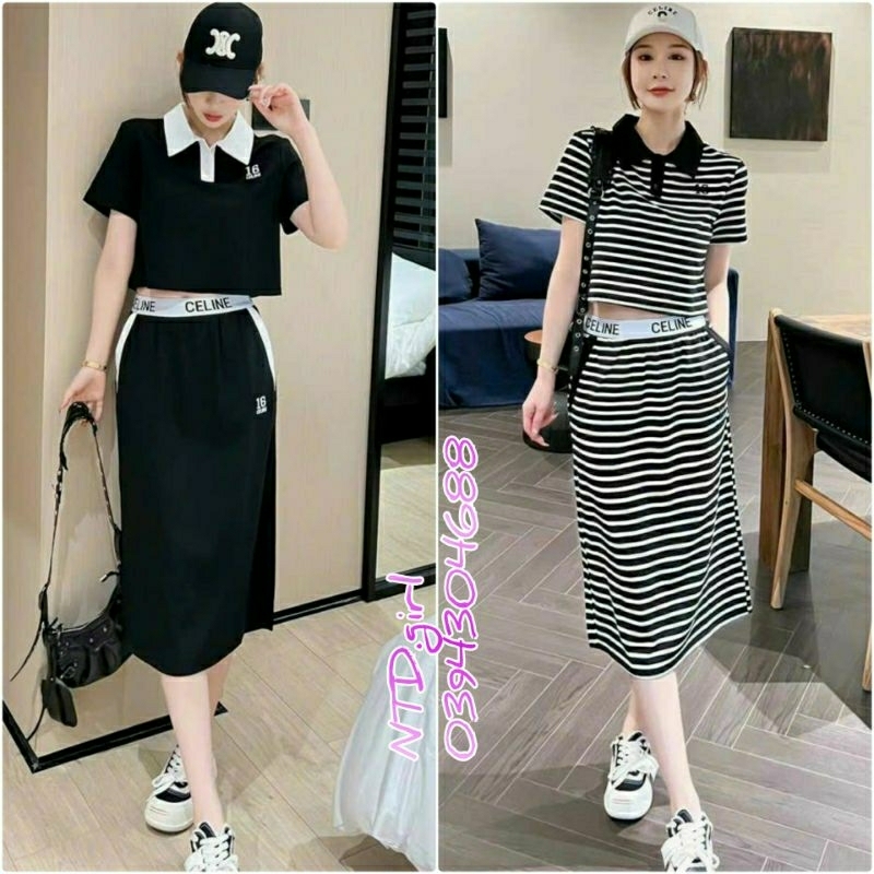 Hàng nhập - Set bộ nữ áo váy thun body in chữ, sét đồ thời trang croptop trẻ trung