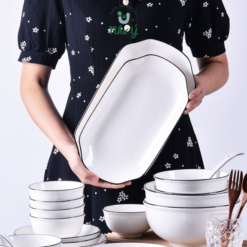 ( Bán Rời) Bát ăn cơm sứ trắng viền đen, chén đĩa sứ dày dặn chịu nhiệt tốt, bát đĩa decor