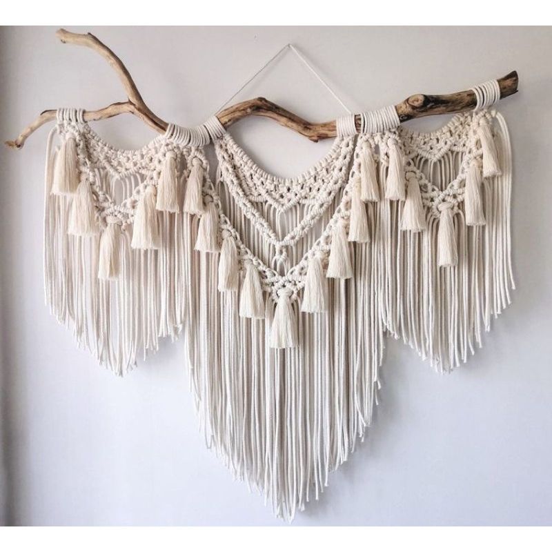 Mành macrame lớn kèm cành gỗ tự nhiên vintage