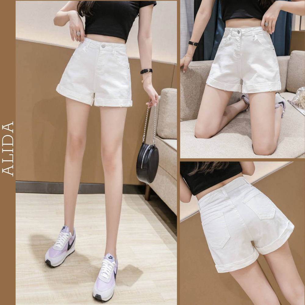 Quần Short Kaki Nữ Lật Lai Lưng Cao Siêu Co Giãn, Quần Đùi Kaki Nữ Lưng Cao 2 Màu Trắng Và Đen Basic 508 440