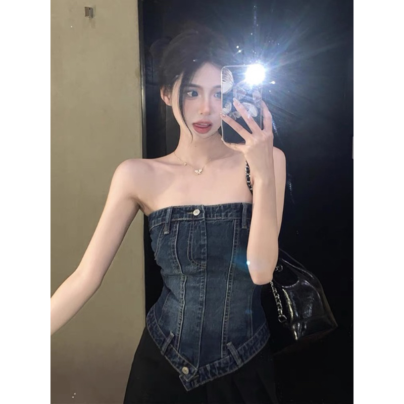 Áo Ống Quây Denim dáng corset + chân váy Đen dài