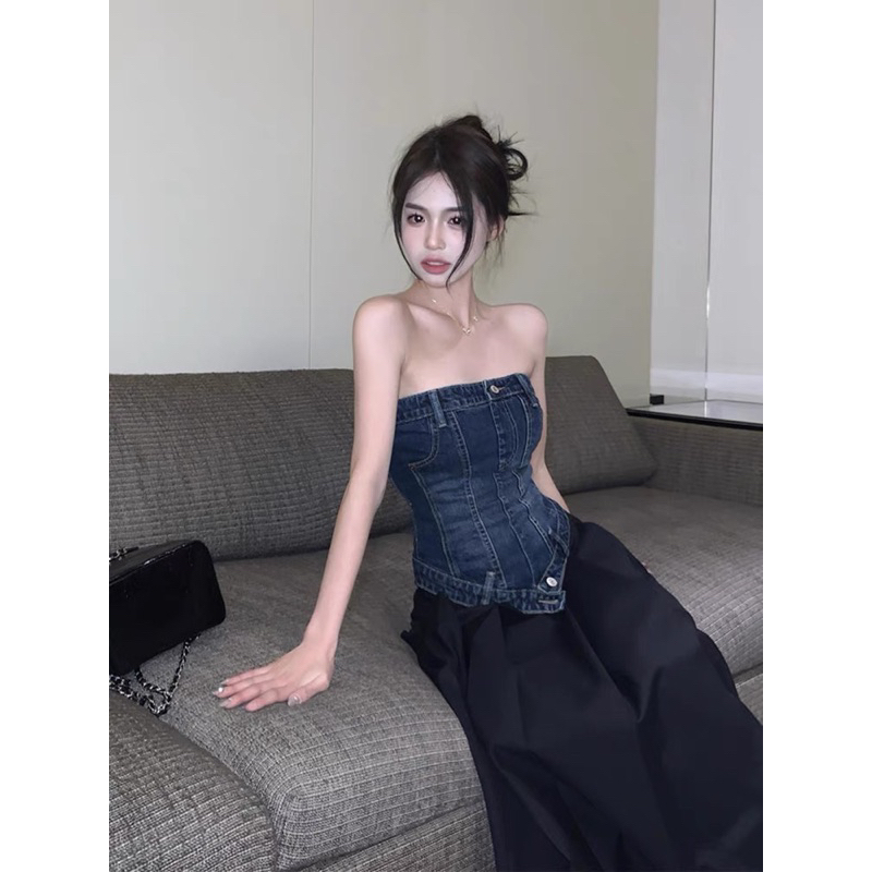Áo Ống Quây Denim dáng corset + chân váy Đen dài