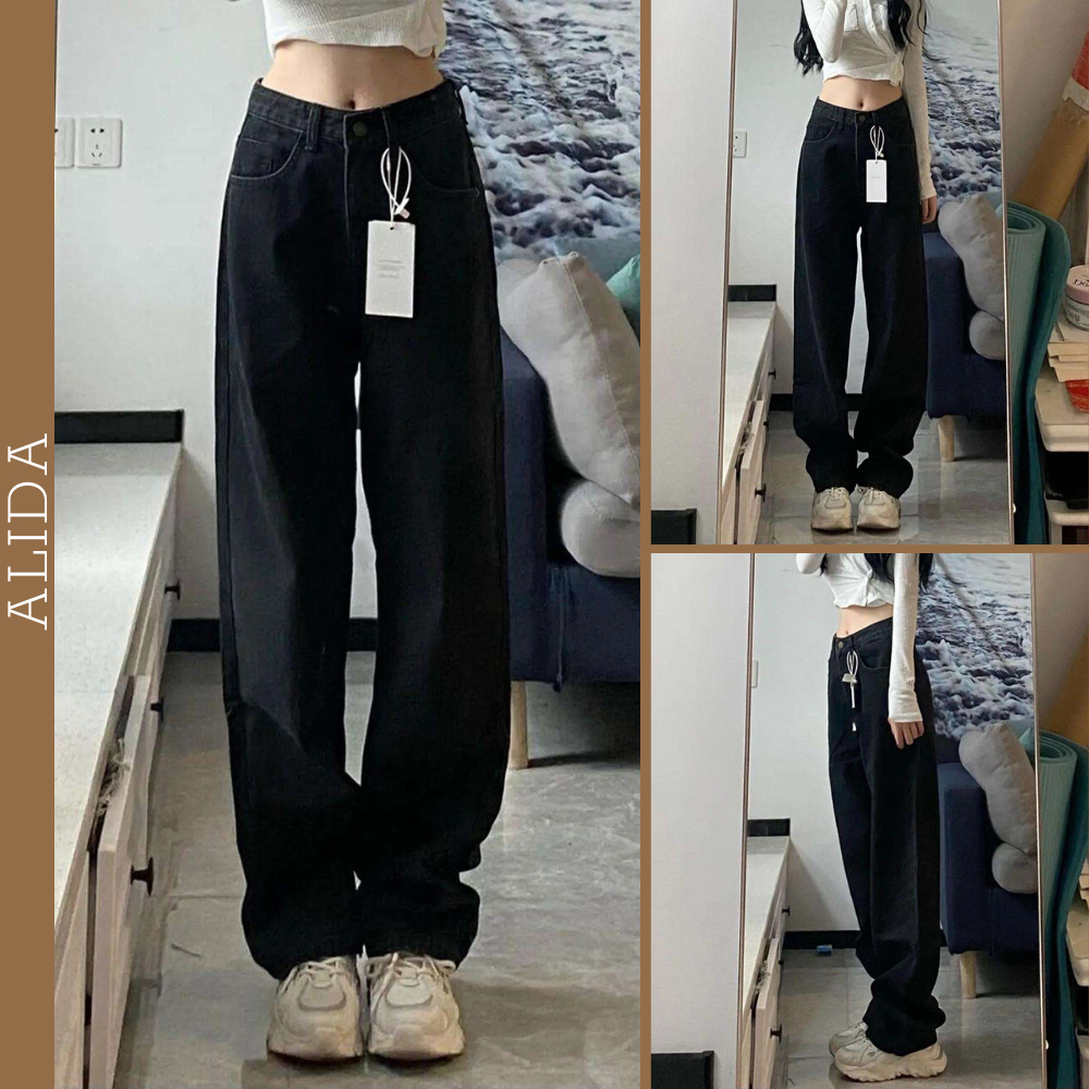 Quần Jean Nữ Ống Rộng Đen Trơn Simple Chất Bò Dày Dặn Dễ Mặc Dễ Phối Lưng Cao Dáng Suông 522