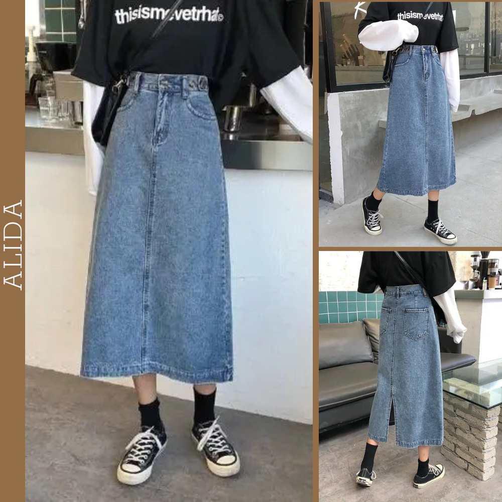 Chân Váy Kaki Jean Dài Xẻ Tà Sau Lưng 3 Nút V004