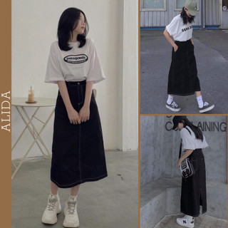  Chân Váy Kaki Jean Dài Màu Đen Chỉ Nổi Lưng Thun Xẻ Tà Sau - Chân Váy Bò Lưng Cao Phong Cách Hàn Quốc Cực Xinh V003 