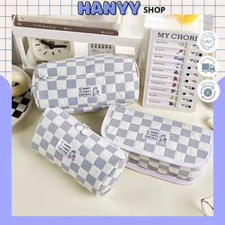 Túi đựng bút Caro Be Xám Happy Lucky Everyday phong cách Hàn Quốc