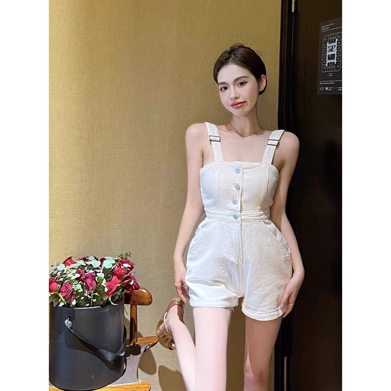 Jumpsuit eo cao nữ mỏng rửa sạch thiết kế quần jean ngắn phong cách retro quần ống rộng yếm jeans đùi mùa hè thích hợp