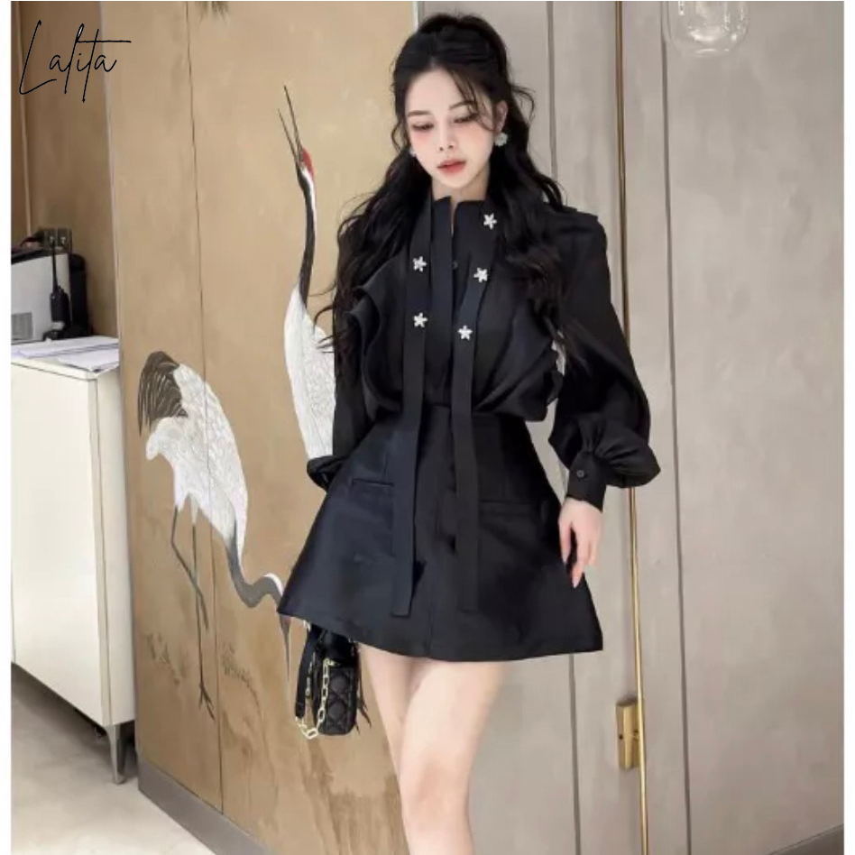 Set áo voan đính đá kèm chân váy tafta chất liệu mềm mịn Lalita có Bigsize mã S9