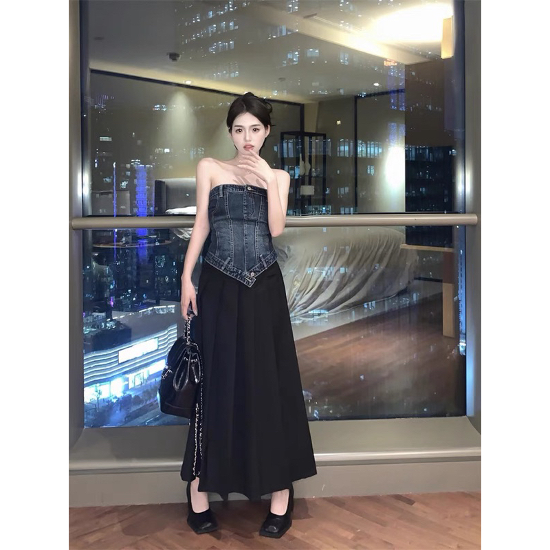 Áo Ống Quây Denim dáng corset + chân váy Đen dài