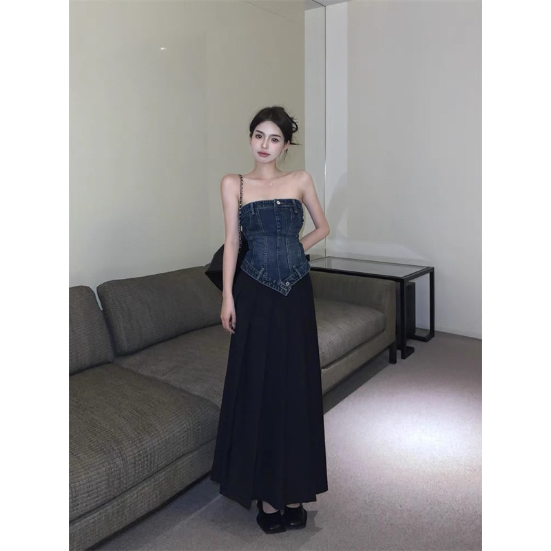 Áo Ống Quây Denim dáng corset + chân váy Đen dài